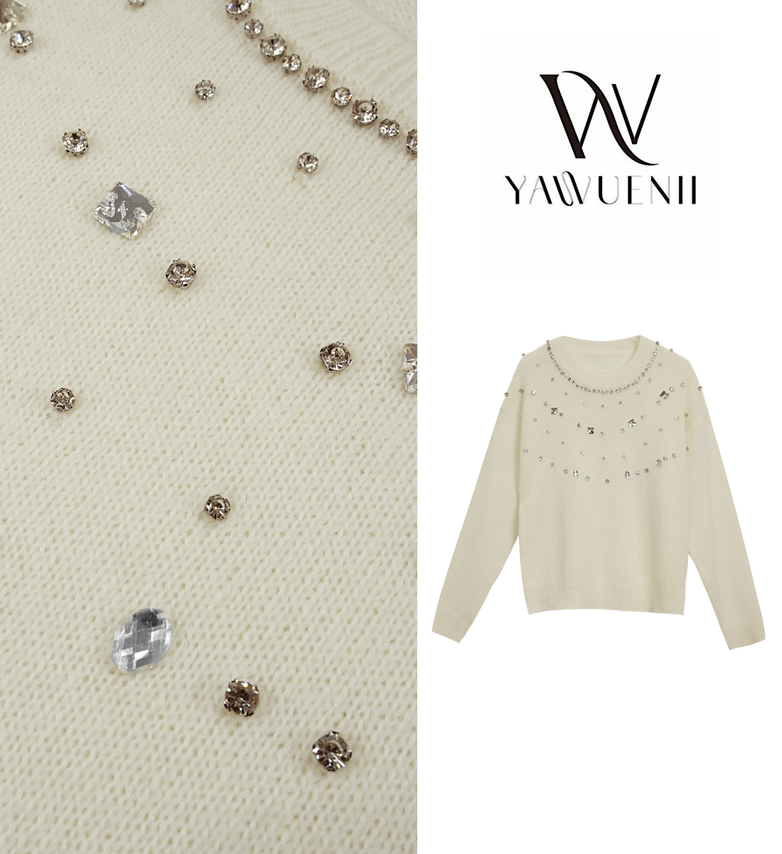 【WN威妮】2025设计师早春新款温柔百搭圆领套头镶钻针织上衣女#22