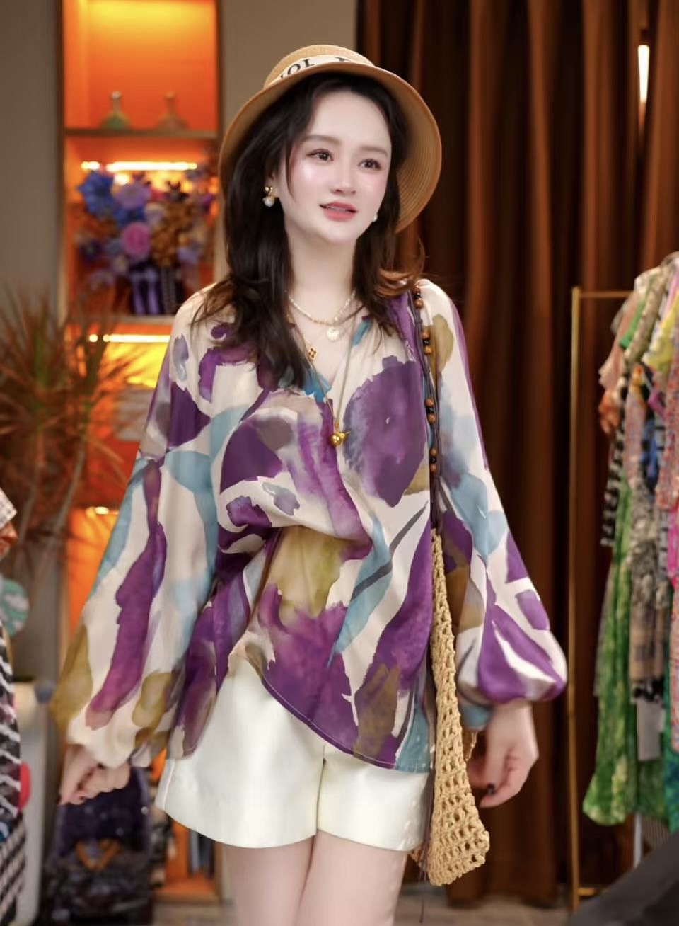 【丝芙玉禄】（A164）真丝双绉设计师复古玉兰花显瘦桑蚕丝衬衫上衣