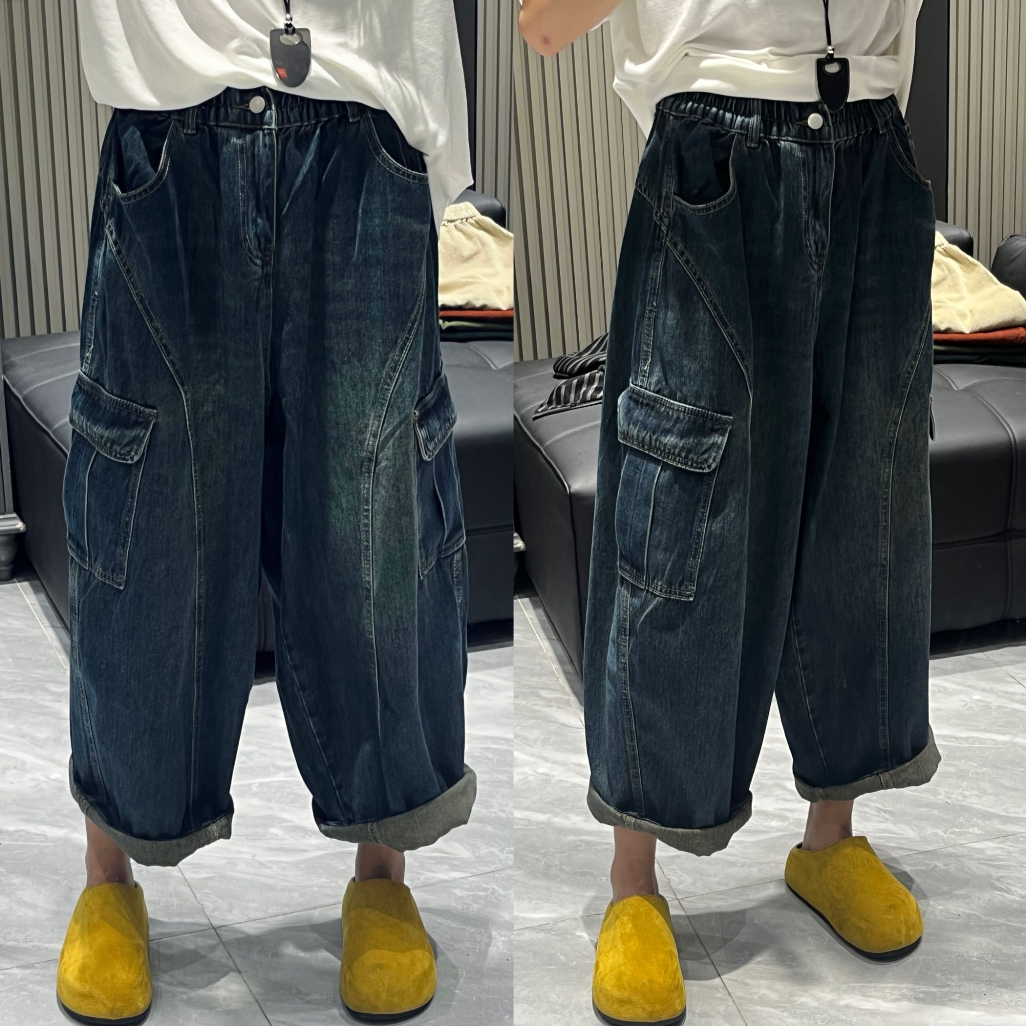 （老三）韩版大口袋做旧水洗牛仔裤秋季直筒潮流老爹裤通勤风百搭