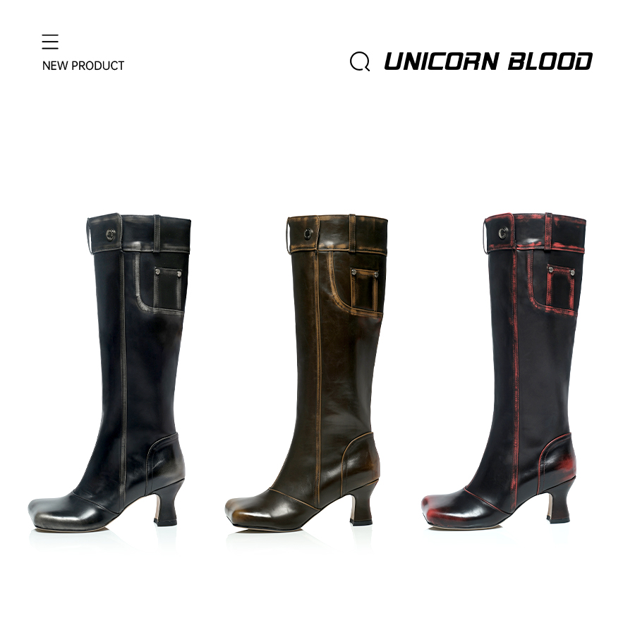 UNICORN BLOOD复古擦色方圆头骑士靴粗跟增高口袋设计时装长靴
