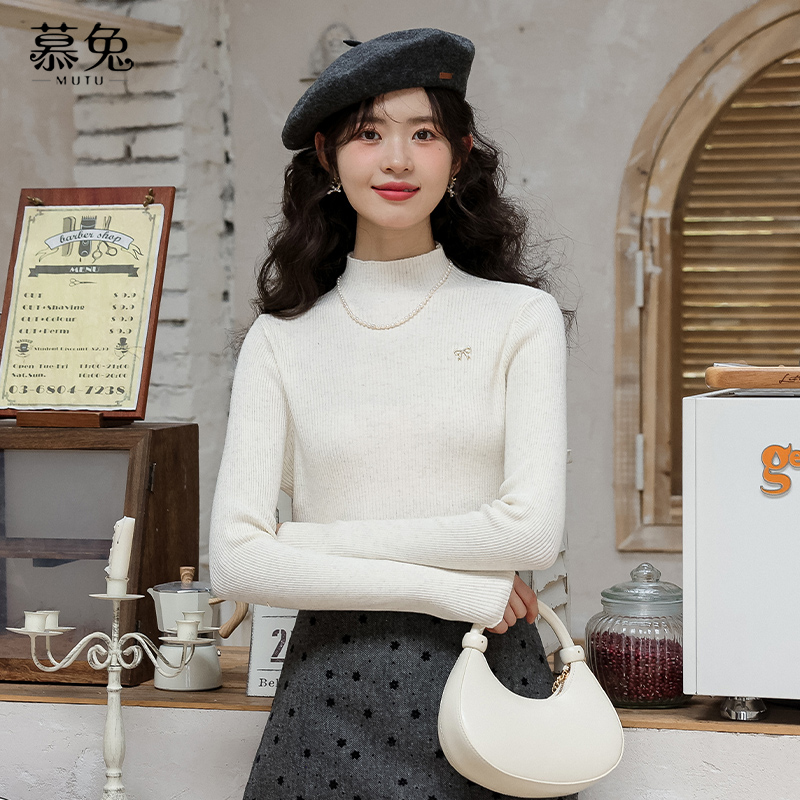 【正】慕兔甜美蝴蝶结毛衣女秋季2024内搭高级感半高领针织打底上衣