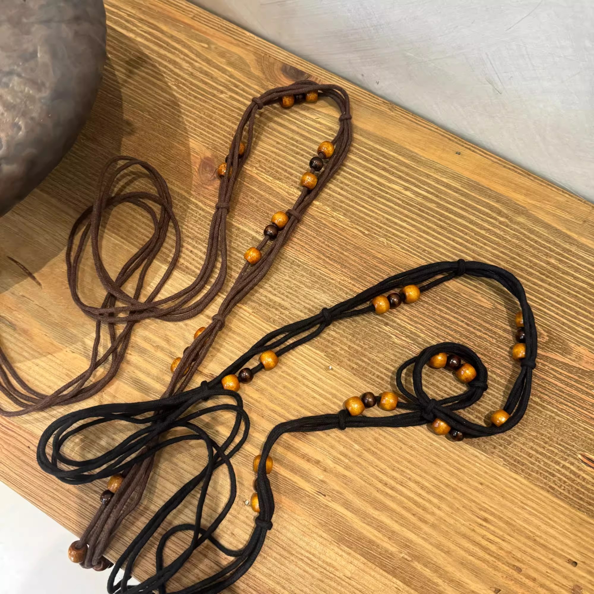 小众复古编织绳串珠腰带腰链黑色简约带子