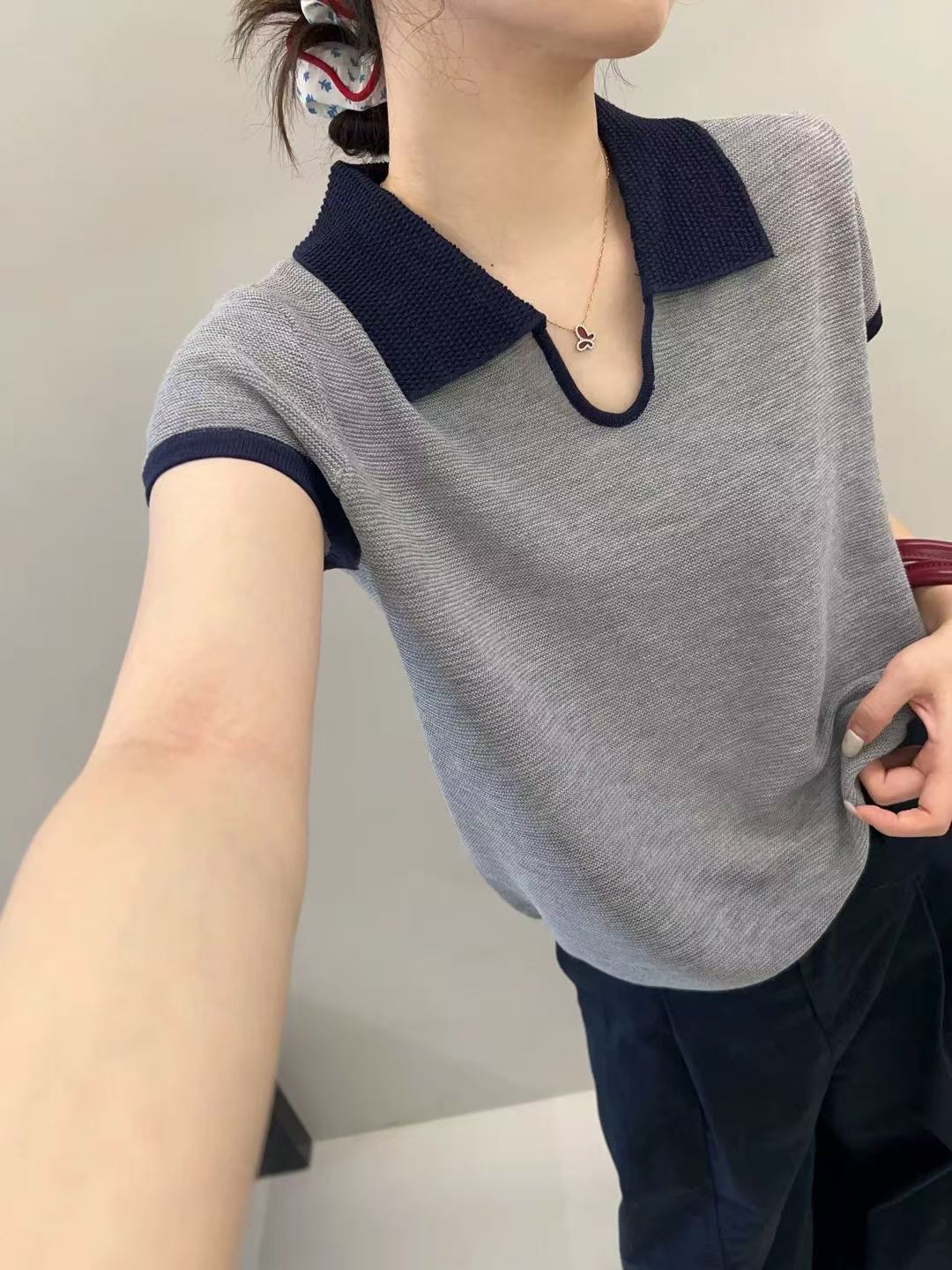 法式polo领撞色针织短袖上衣女2025夏季时尚设计感小众别致短款