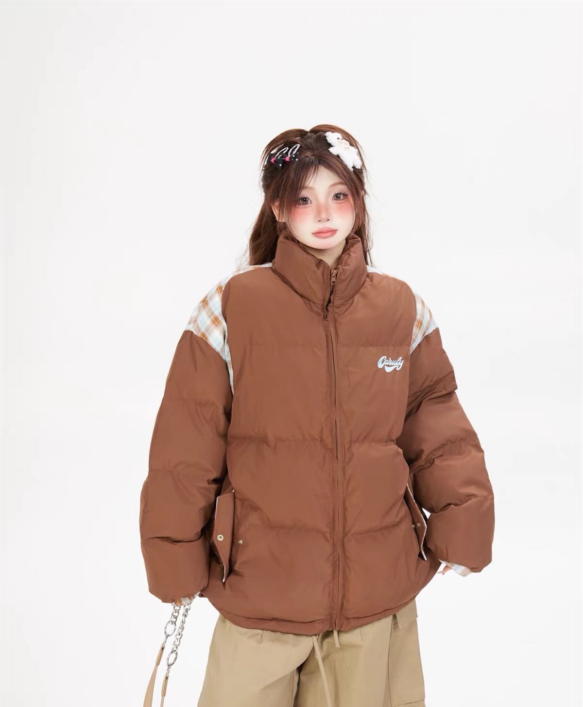 【MY702~棉服】韩系格子拼接棉服高级感宽松冬季保暖棉衣