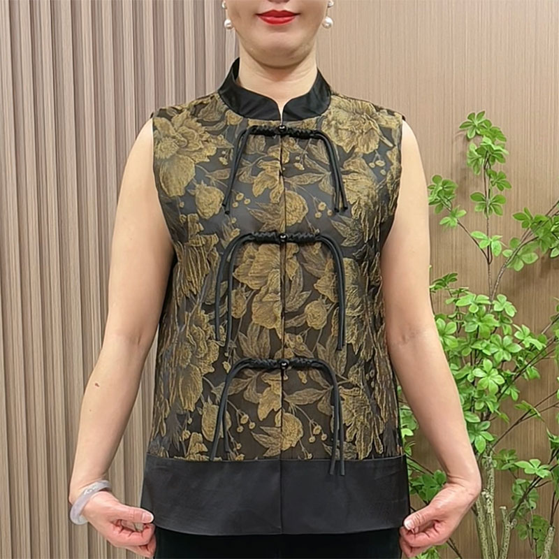 国风马甲女春秋中老年妈妈装立领提花新中式盘扣阔太太坎肩开衫