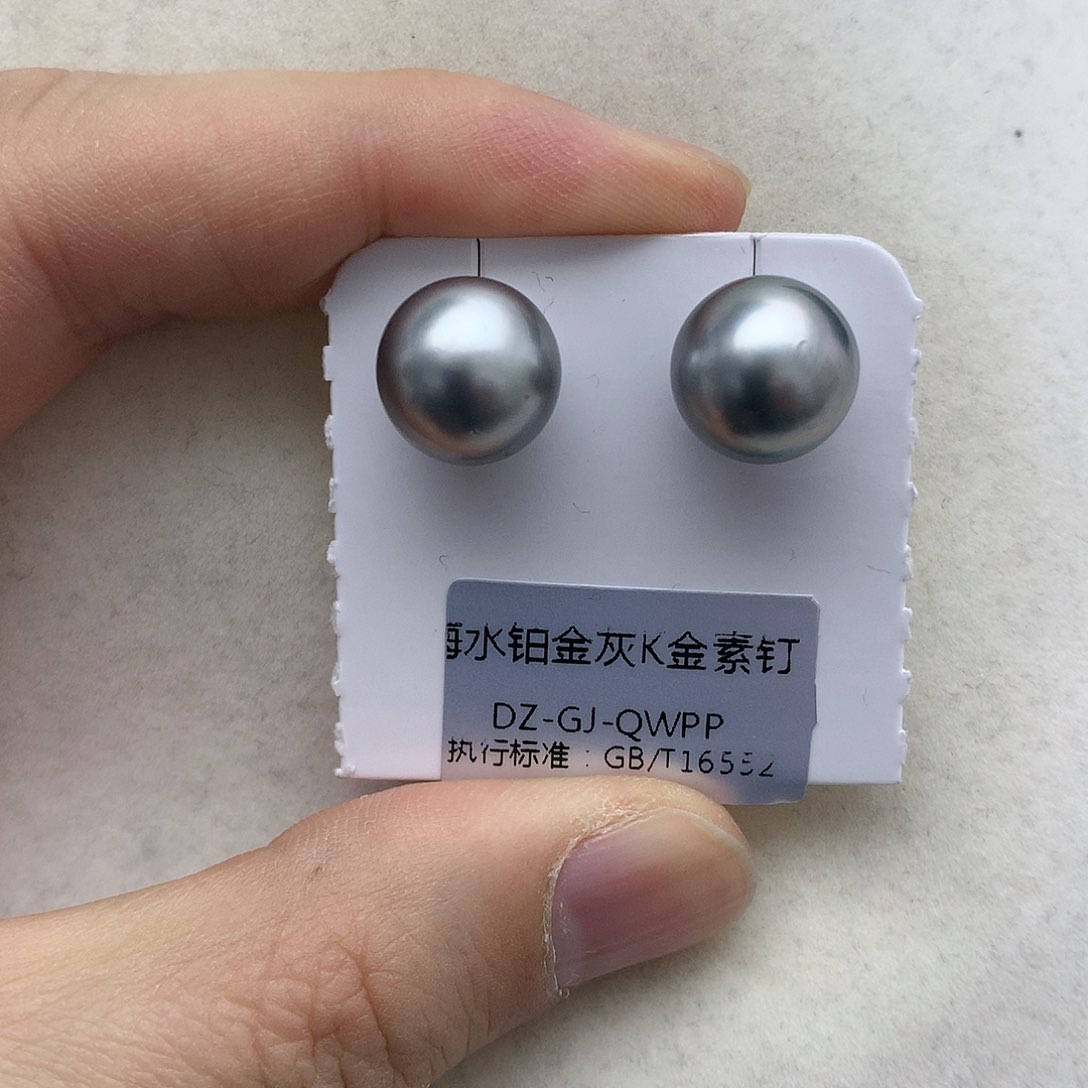 海水珍珠耳饰18K金镶嵌大溪地铂金灰11-12