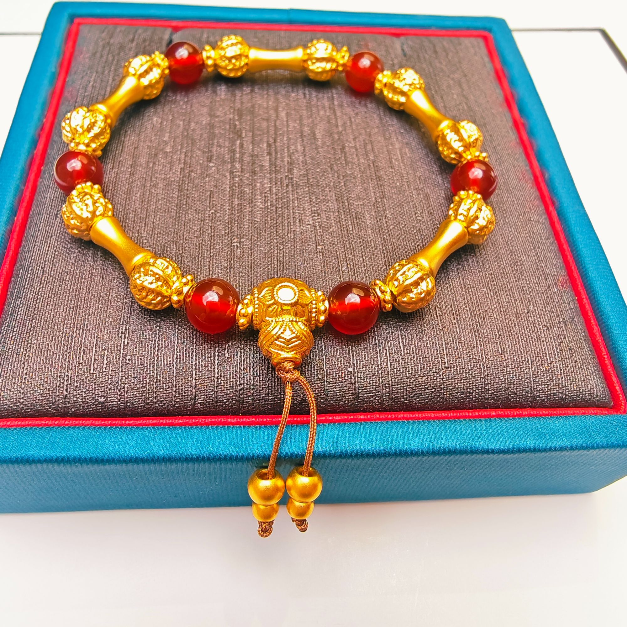 21#足金999黄金 5D硬金工艺红玛瑙菩提葫芦三通手串