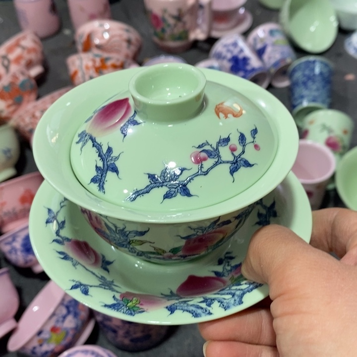 摆件瓷绿稀土寿桃三才盖碗