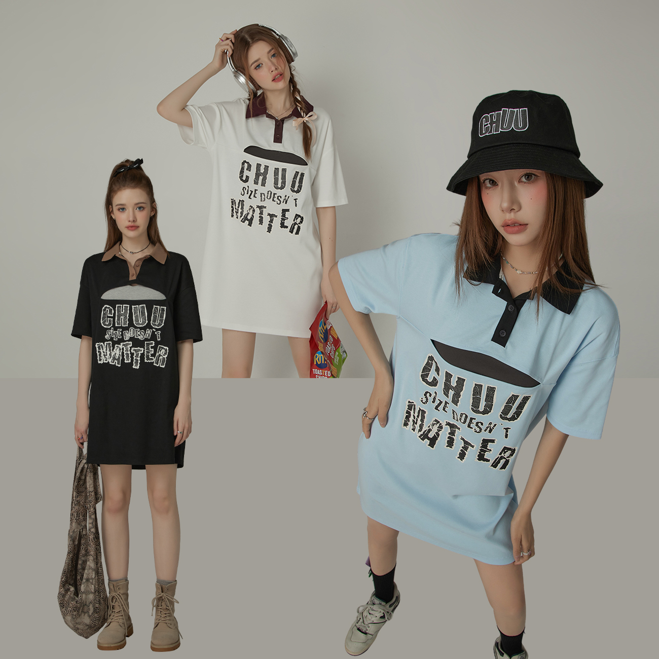 002W【金拐子专属】CHUU字母裂纹印花翻领设计休闲连衣裙-F