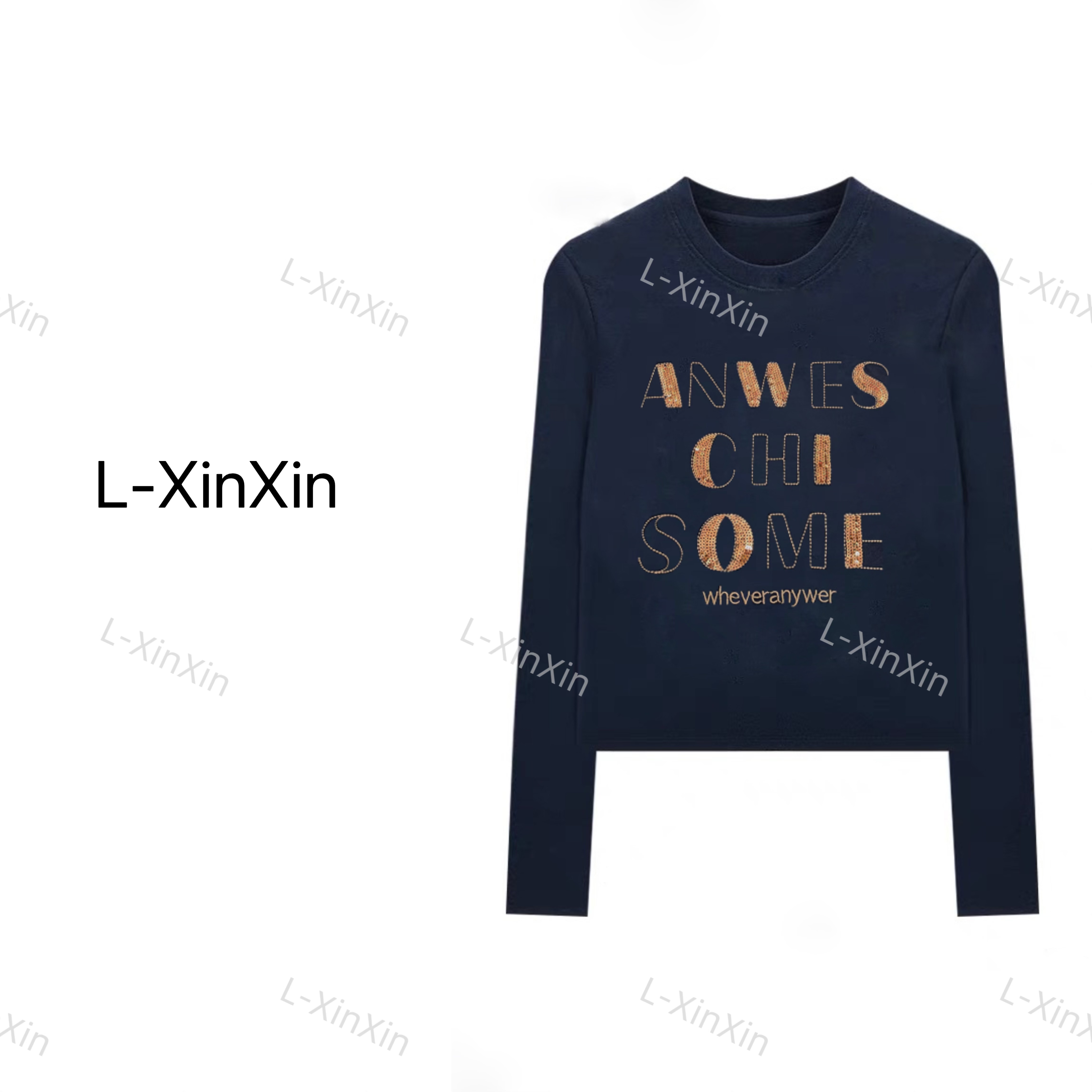 【L-XinXin】珠片绣棉T 新款百搭立体刺绣亮片显瘦打底衫女长袖T恤