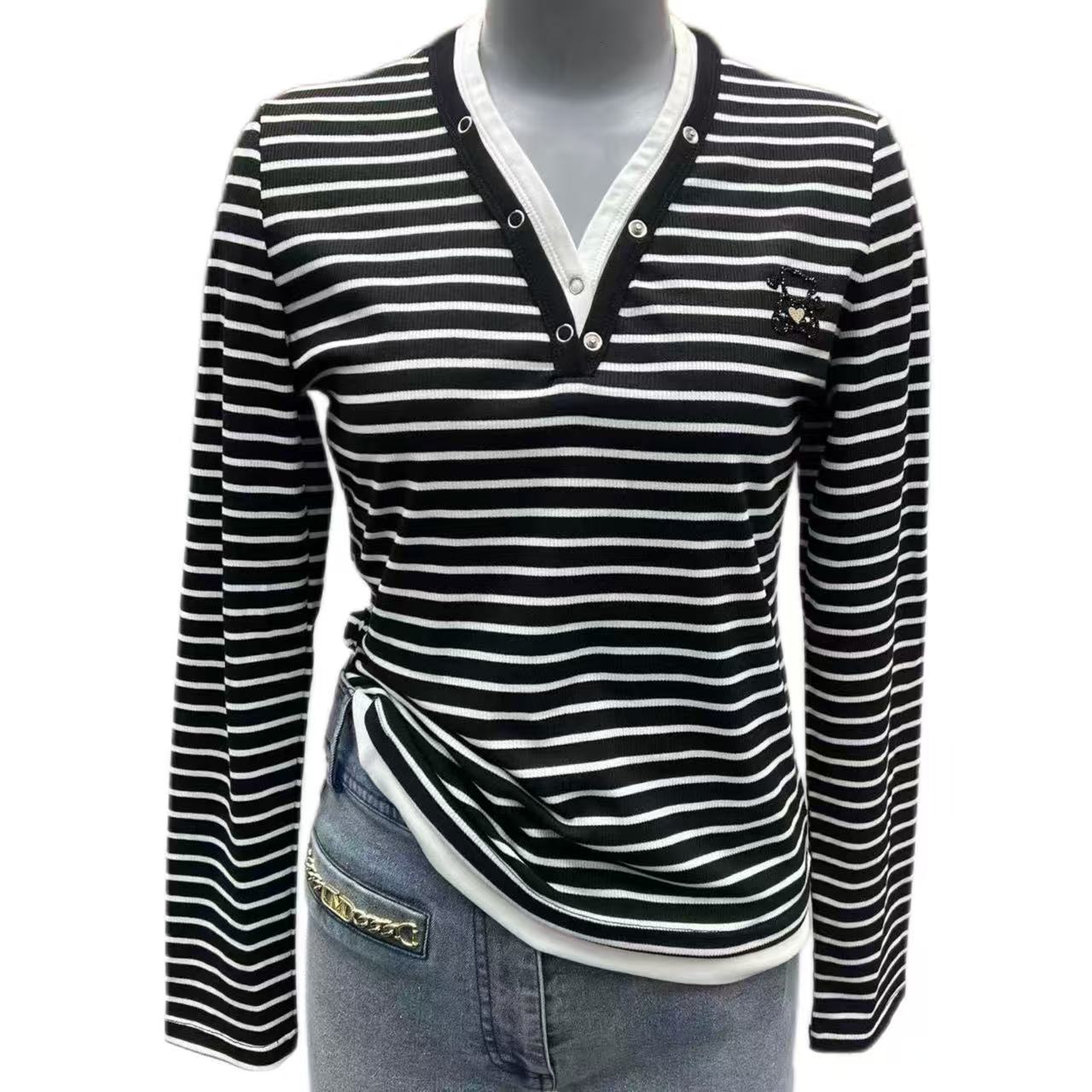 300-400长袖圆领静奢风百搭亲肤显瘦T恤t恤修身翻领秋冬v领长袖