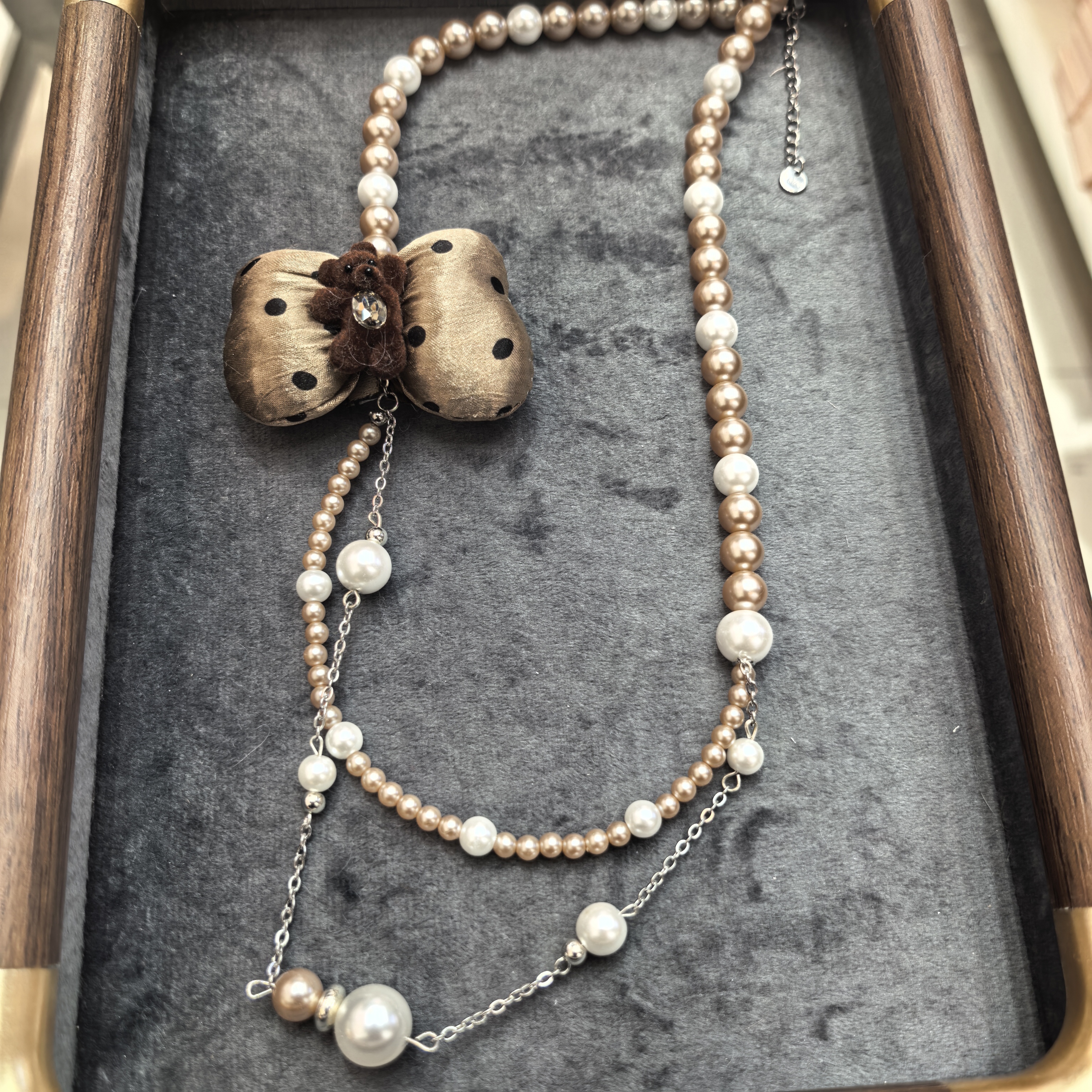 铜合金锆石项链 F404咖色小熊波点蝴蝶结串珠项链