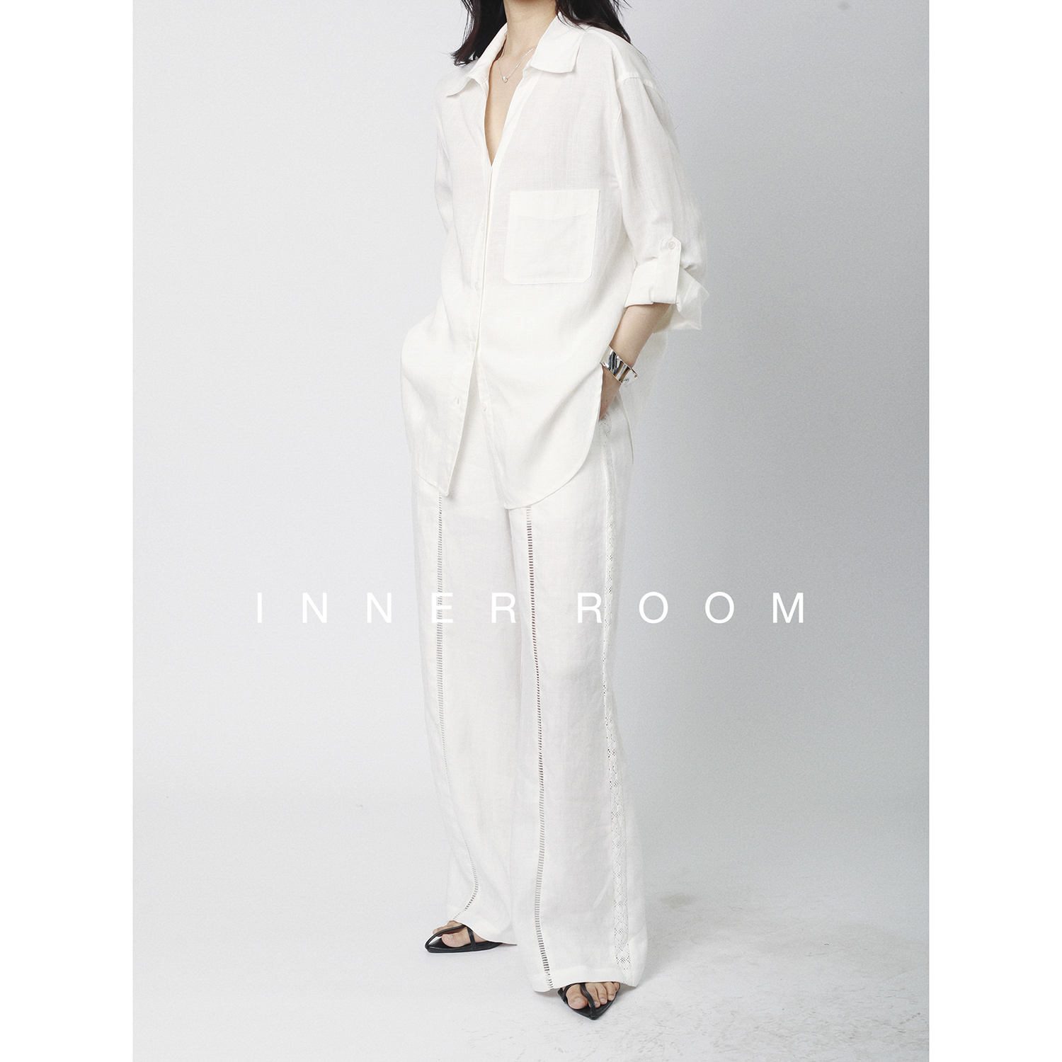 INNER ROOM洋气V领亚麻衬衫套装女夏简约百搭防晒长袖衬衣两件套