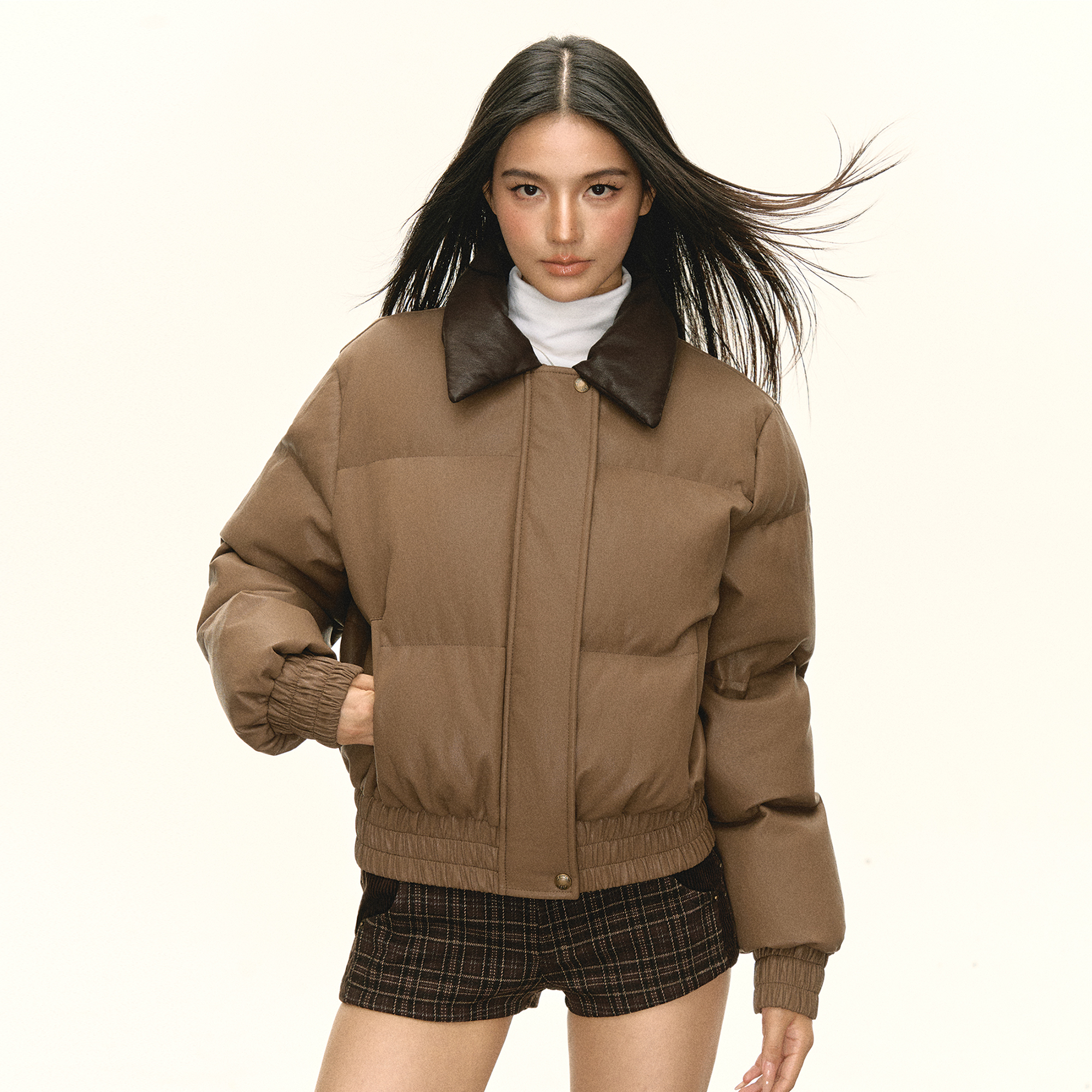 Ariseism 美式复古翻领PU皮防水羽绒服女冬季新款保暖外套