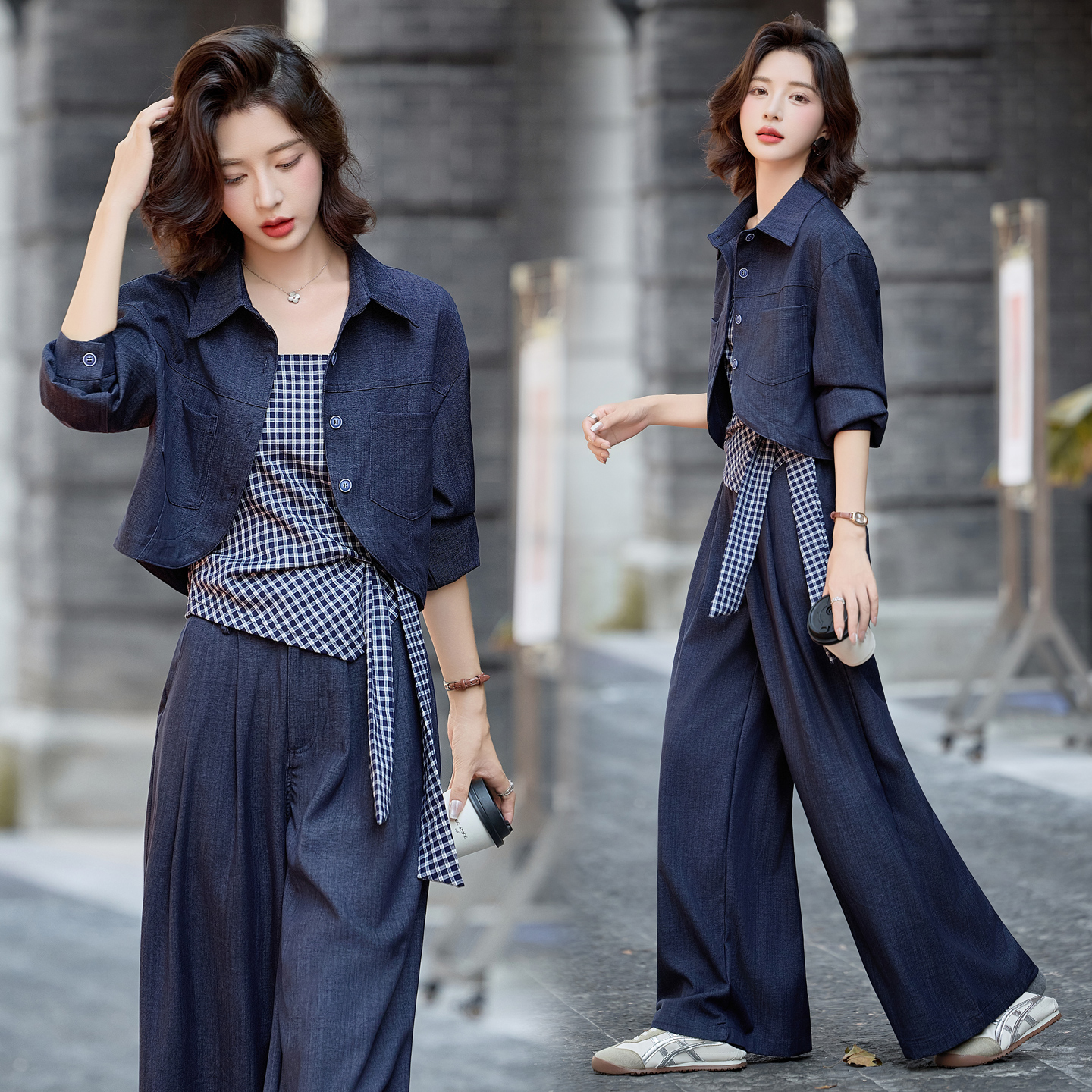 复古港风牛仔套装女2025秋季新款设计感格纹绑带背心阔腿裤三件套