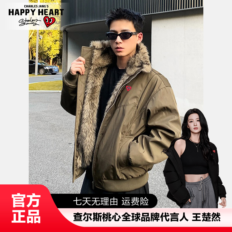 查尔斯桃心韩风复古座山雕毛领棉服冬季加厚保暖情侣立领棉衣外套