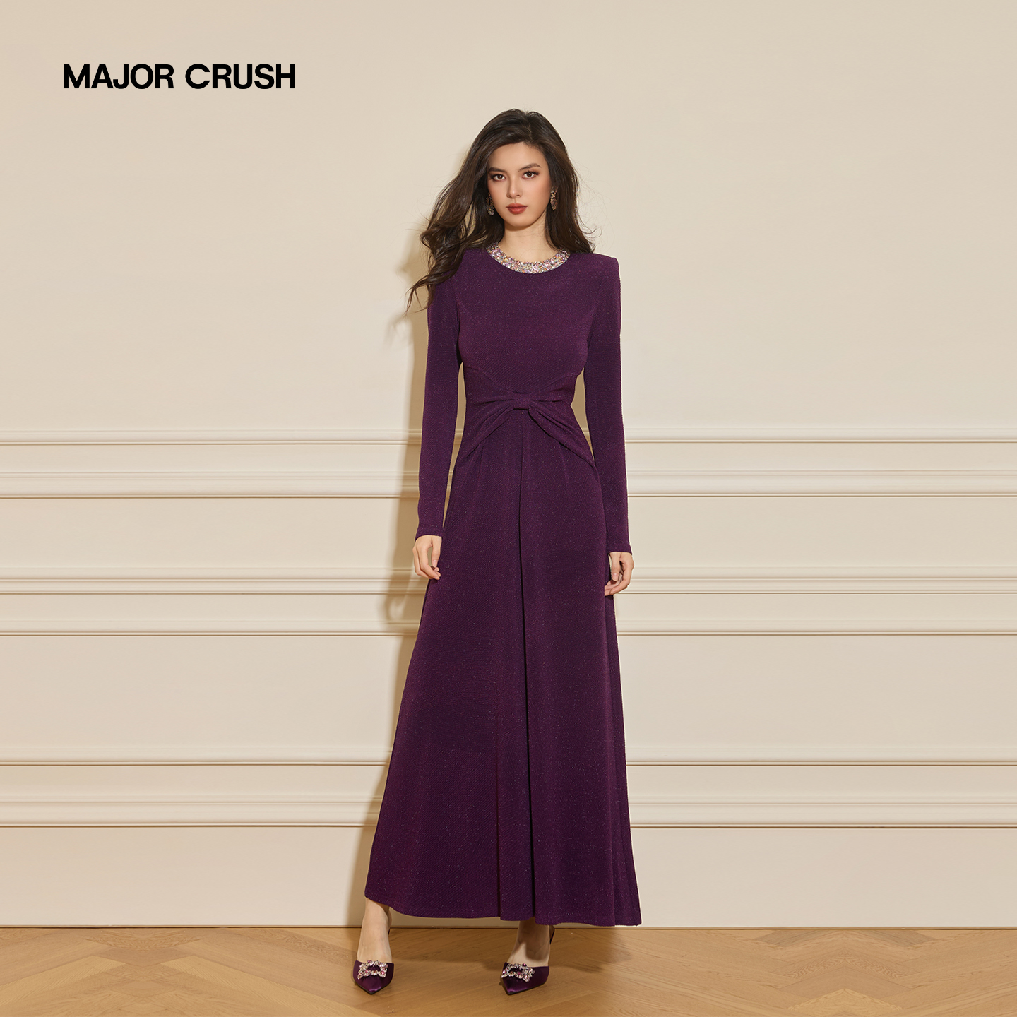 MAJOR CRUSH冬季新款璀璨之夜连衣裙气质紫色收腰高级感礼裙7830