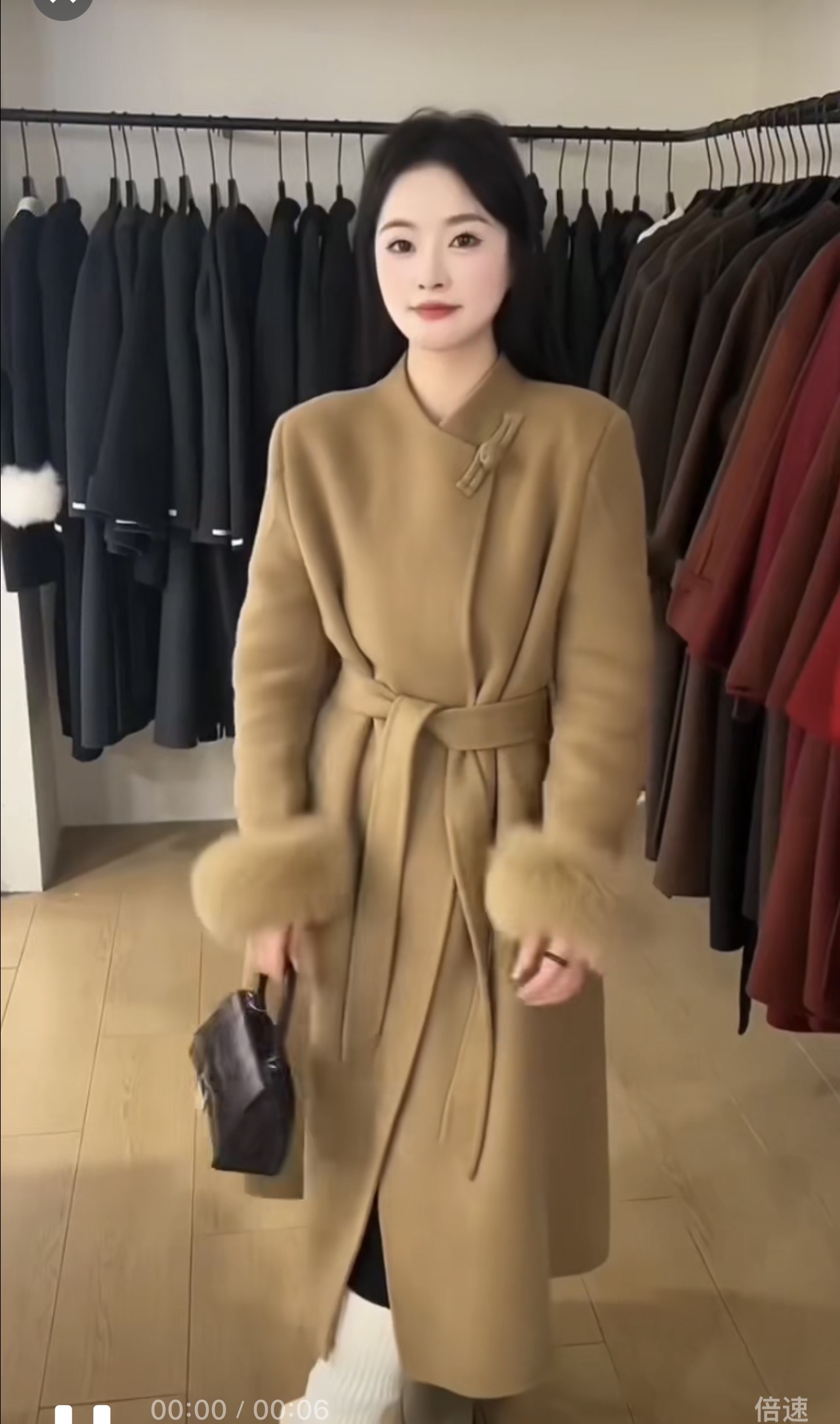 秋冬新款气质国风盘扣长款大衣毛袖