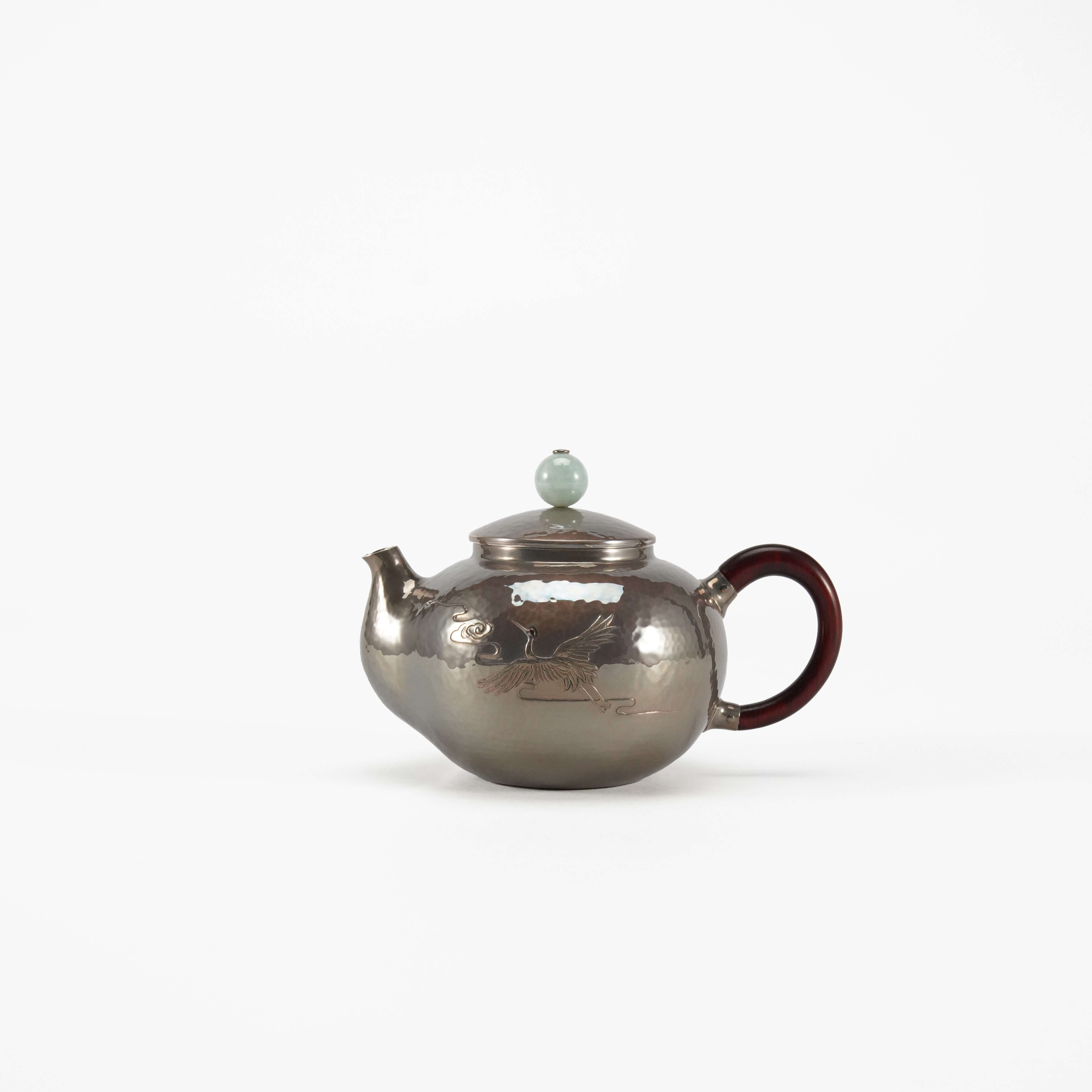 浮雕镶嵌仙鹤葫芦嘴泡茶壶足银999纯手工茶壶防烫带滤网