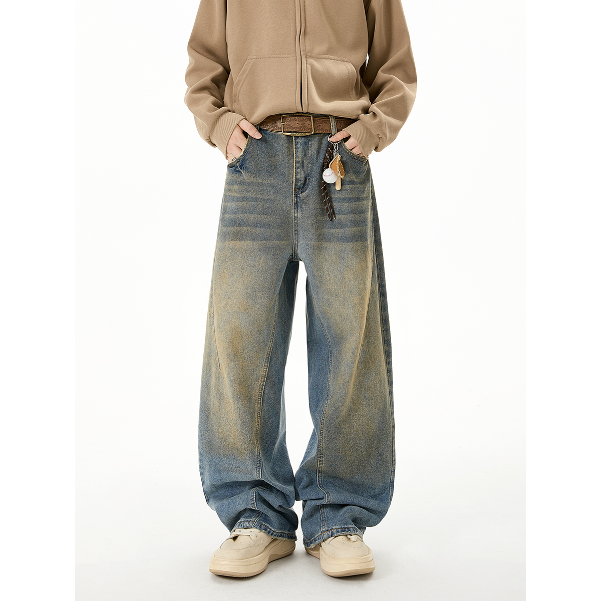 美式宽松直筒牛仔裤男士休闲百搭水洗做旧复古长裤子潮流高街蓝色