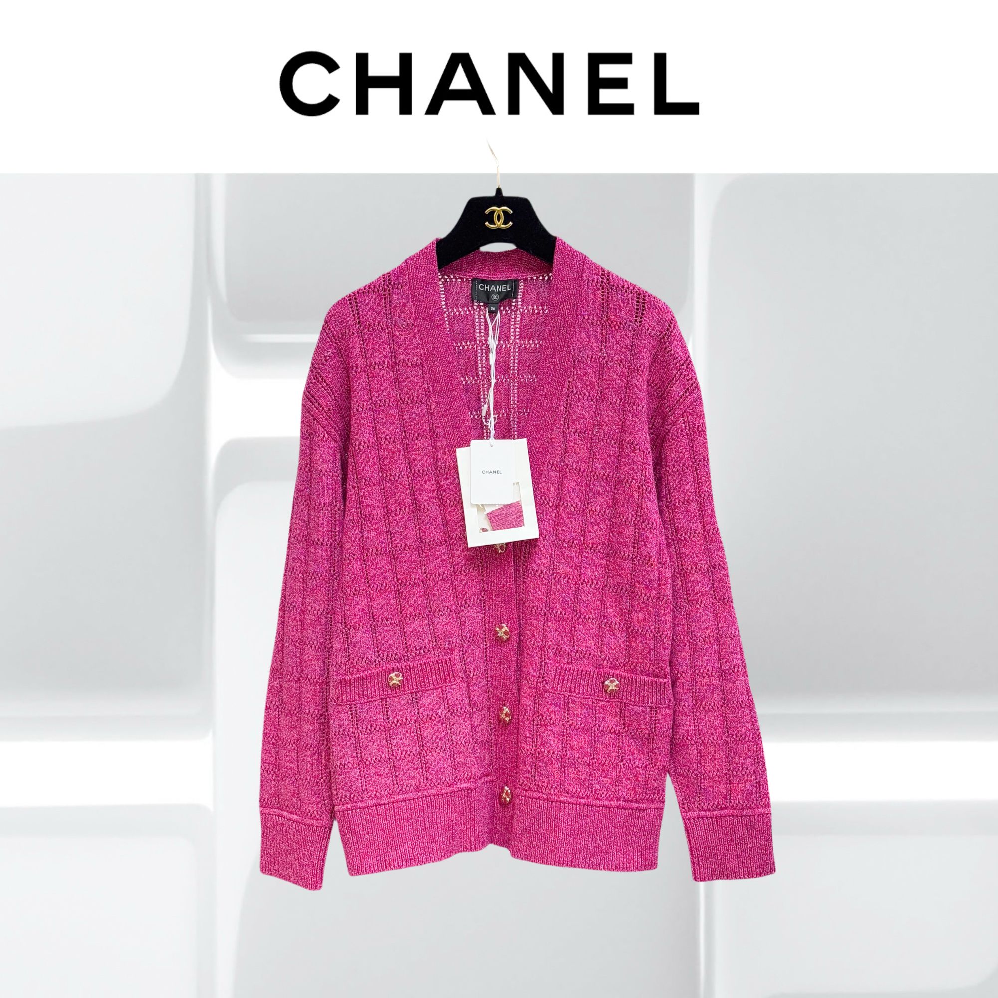 99新 Chanel/香奈儿  36码24P桃红色格子针织开衫