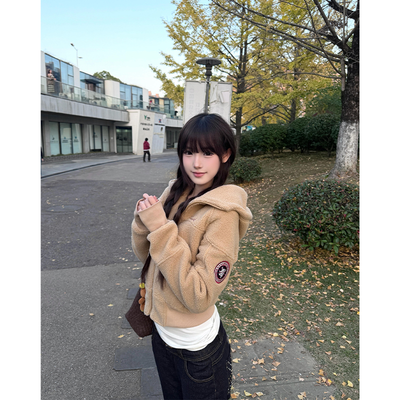 韩系甜美羊羔绒短款外套女秋冬新款宽松慵懒感加厚保暖连帽上衣