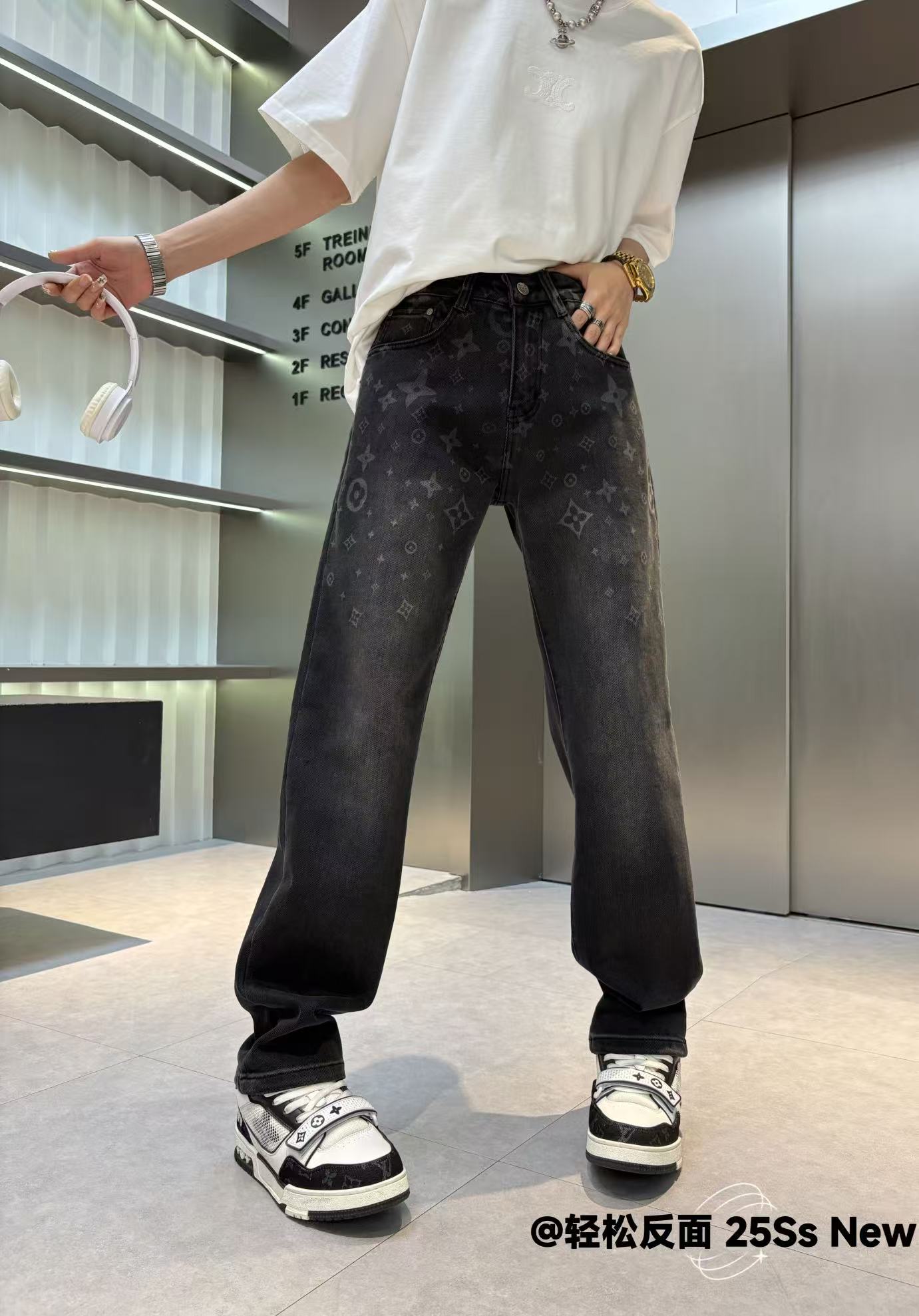 【夜与法兰西】秋冬印花休闲风牛仔裤中低腰黑色潮流做旧韩版长裤