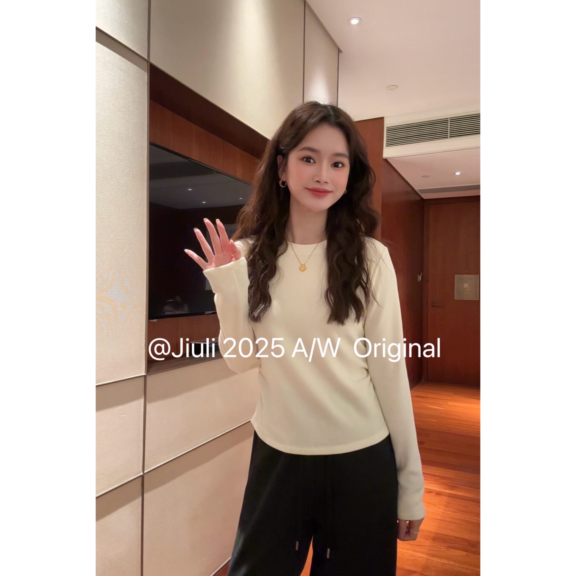 九莉【芙蕾打底】320g加厚 慕斯双面绒加厚圆领褶皱百搭打底衫