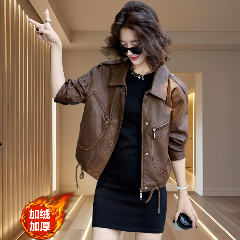 加绒棕色皮夹克海宁真皮绵羊皮短款机车皮衣外套女款爆款2025新款