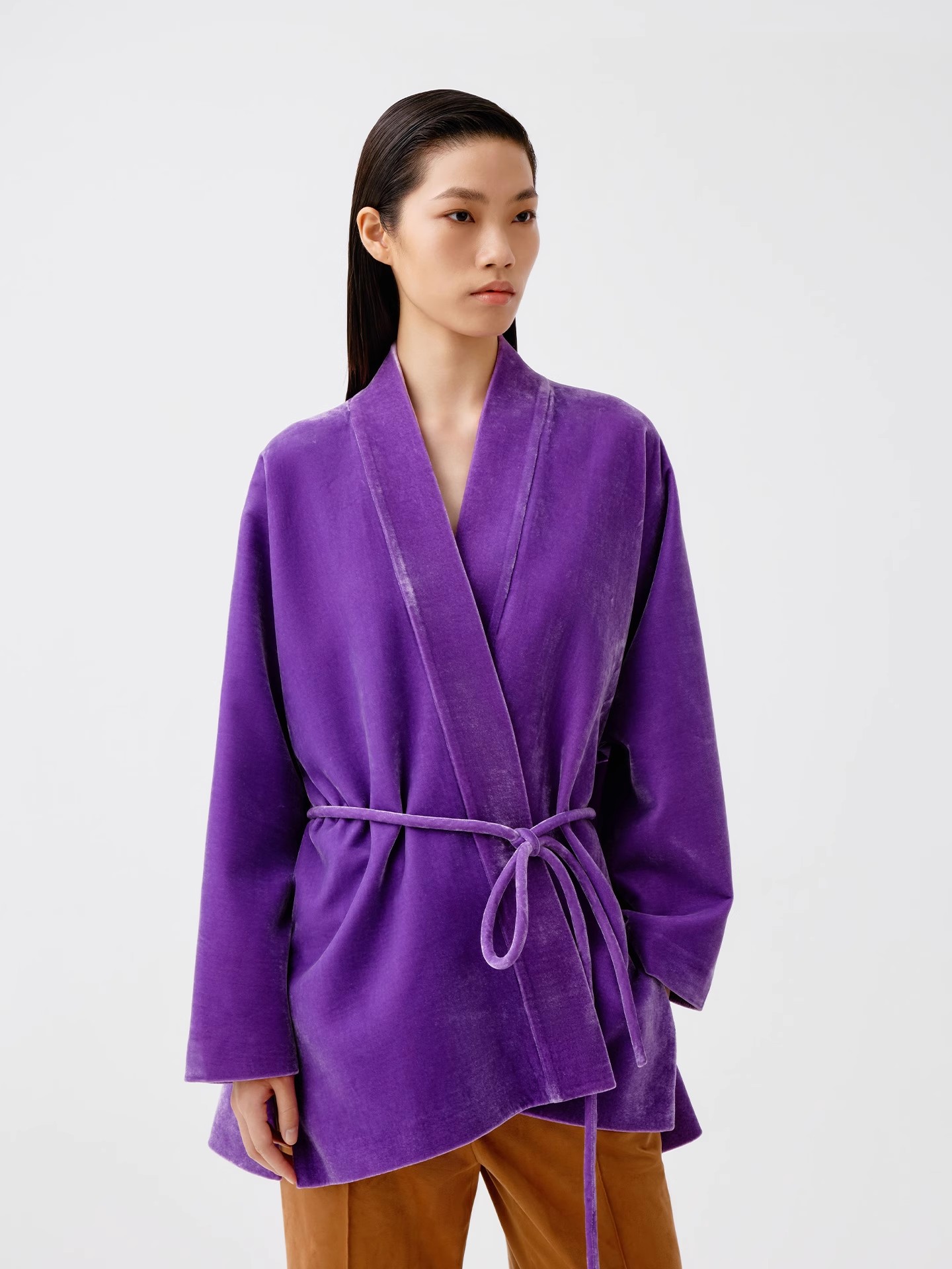 LA MAISON JADE 紫色真丝丝绒连肩袖外套