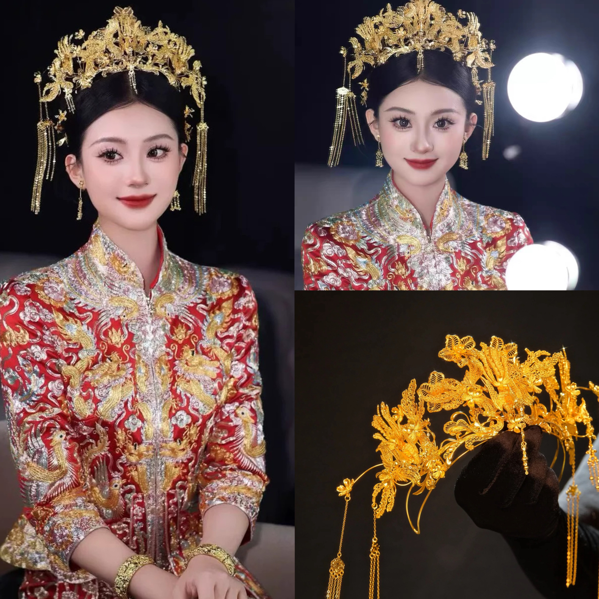 ETE新娘头饰精致金色龙凤褂凤冠流苏高级中式婚礼礼服配饰12345
