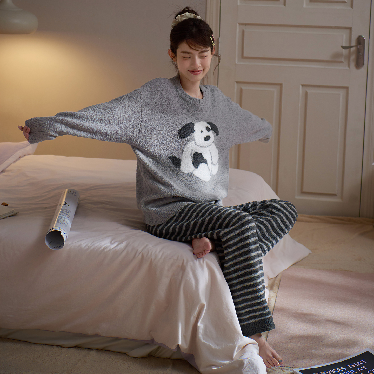 马克公主睡衣女秋冬季新款可爱小狗半边绒卡通条纹长裤家居服套装