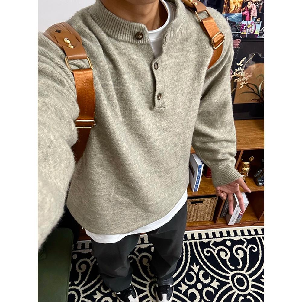 美式慵懒风亨利领毛衣男款秋冬季高级感不起球复古内搭针织打底衫