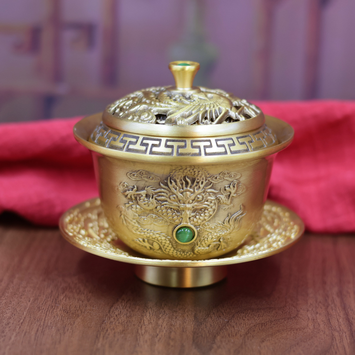 龙凤盖碗茶道三才盖碗铜碗泡茶碗功夫茶具敬茶碗托盘复古家用摆件