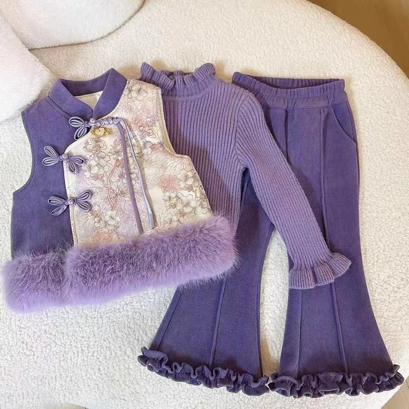 女童秋冬中国风套装2025新款女孩中式背心针织打底衫喇叭裤三件套