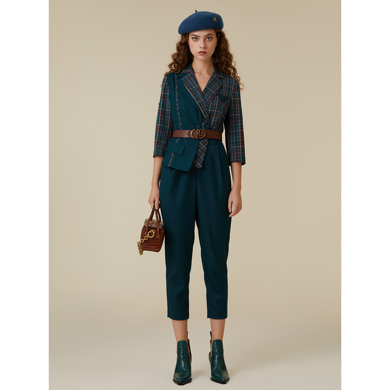 【小花】D63格纹秘境孔雀蓝多彩格纹H修身型连体裤5D3L95044