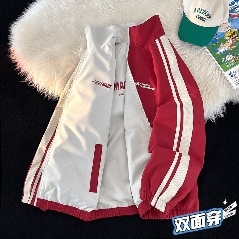 双面穿夹克男女同款2025春秋新款多巴胺美式运动情侣外套男帅气潮