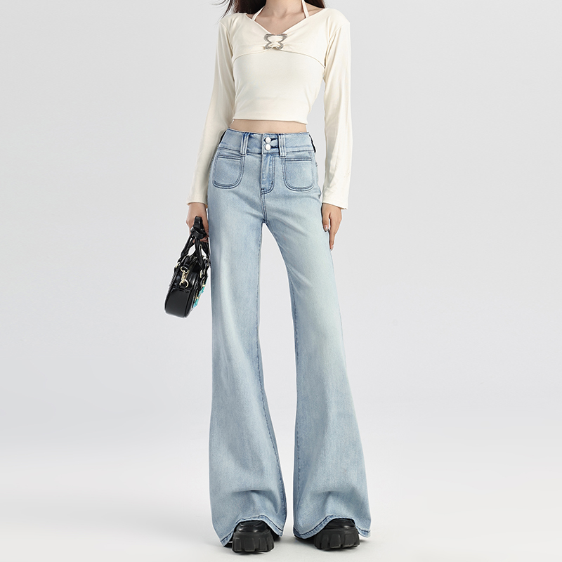 【小黄梨】设计感高腰双扣慵懒微喇裤宽松不贴腿垂感马蹄裤