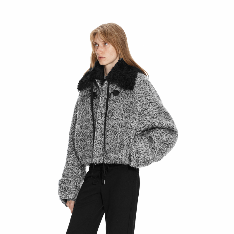 PUKI 女士廓形短款时尚休闲羊毛翻领拼接外套 秋冬保暖加厚夹棉