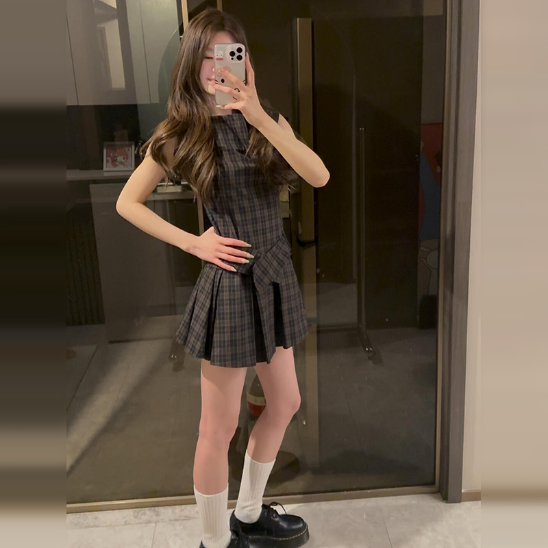 【现货+运贴5米】学院风复古格纹一字领连衣裙夏2025新款短裙2675