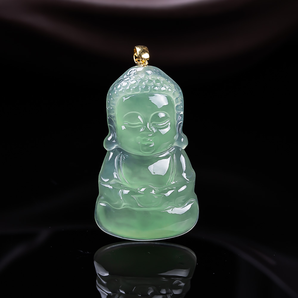 天然缅甸翡翠A货冰种18K金满绿宝宝佛 尺寸30-17.8-5.5mm