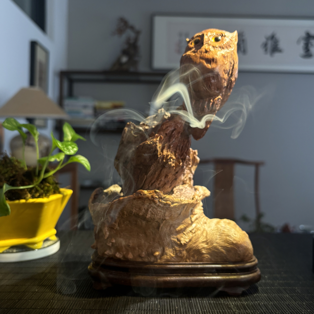 荔枝木木雕猫头鹰香炉创意摆件
