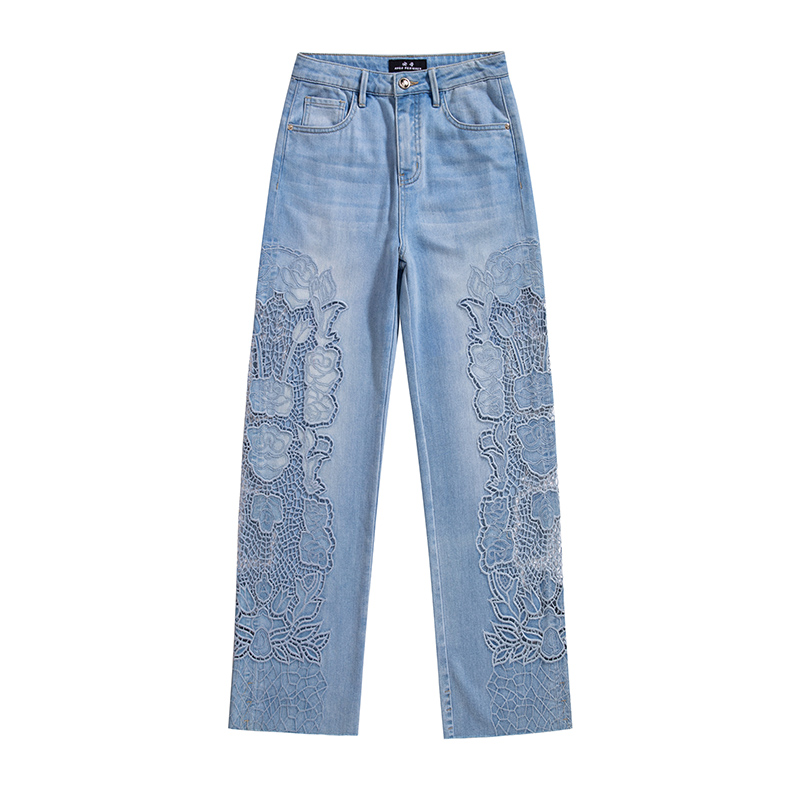 【安哥】夏季设计师新款蓝色蒌空绣花直筒女装牛仔裤8965C