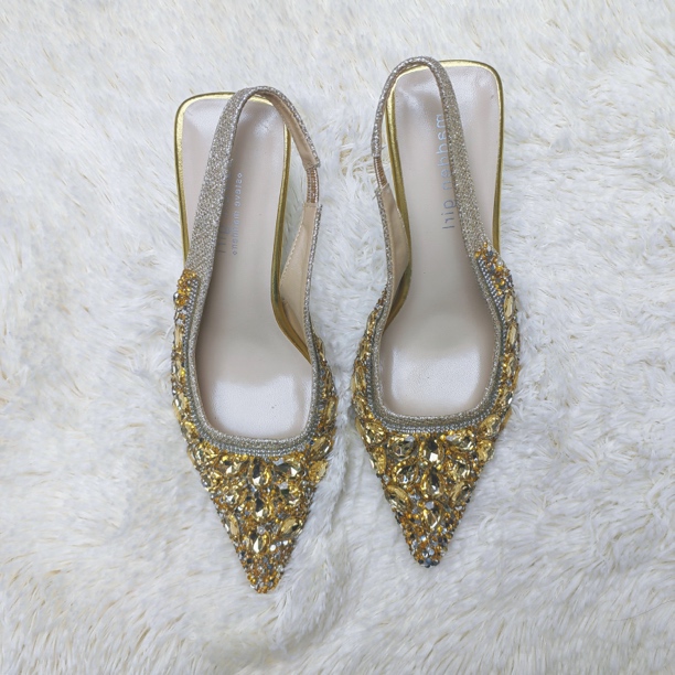 气质金色女包头后空时尚水钻凉鞋尖头单鞋高跟鞋春夏季百搭二三九