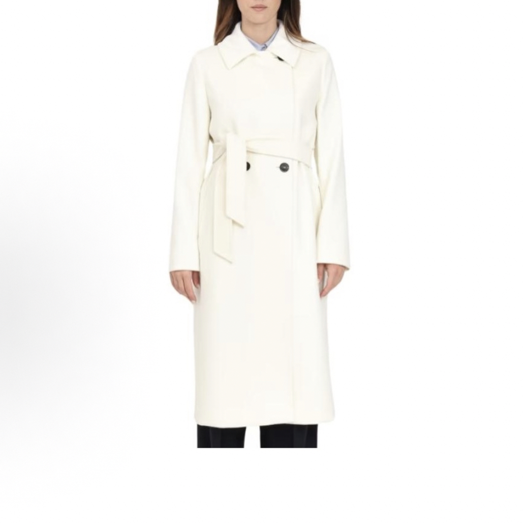 99新 MaxMara 纯色双排扣束腰翻领大衣白色/38码/C01656