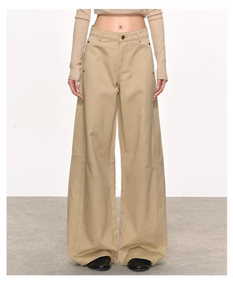 anna aneae卡其色直筒牛仔裤女秋冬季复古中低腰宽松拖地阔腿裤子