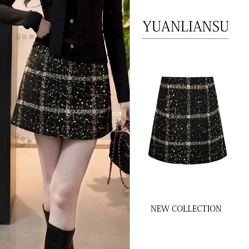YUANLIANSU/圆脸酥【青苍】法式时尚复古格纹亮片拼接半身裙女Y603