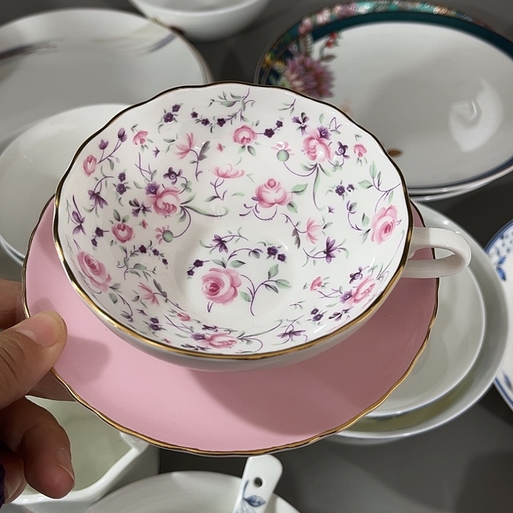 瓷片骨瓷咖啡杯碟荷口一套玫瑰