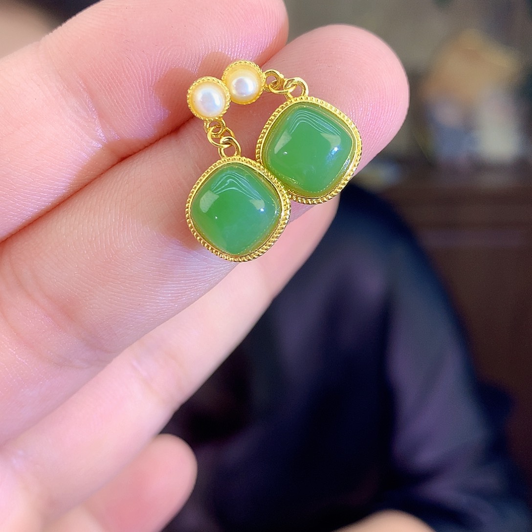 吊坠(不含链)银S925镶嵌和田玉（碧玉）耳饰