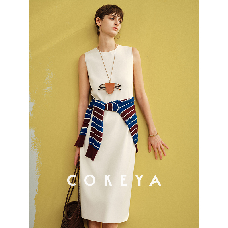 COKEYA/极简主义~醋酸凉感无袖连衣裙女夏法式直筒背心裙休闲通勤